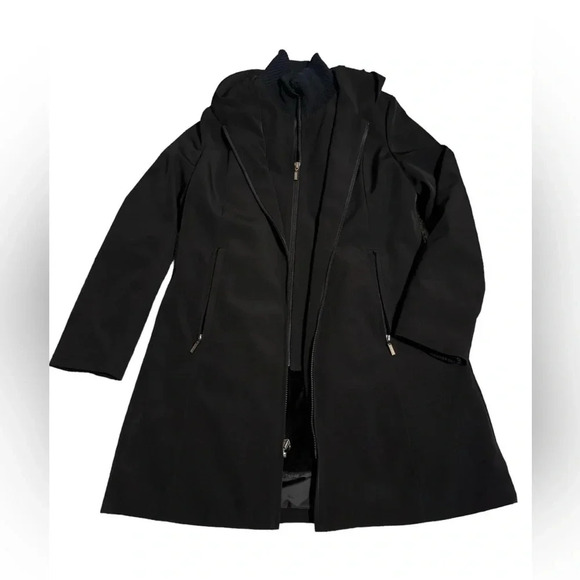 🖤 Anne Klein Layered Overcoat 🧥 Black Softshell Hooded Trench Size S ✨ - Picture 1 of 5
